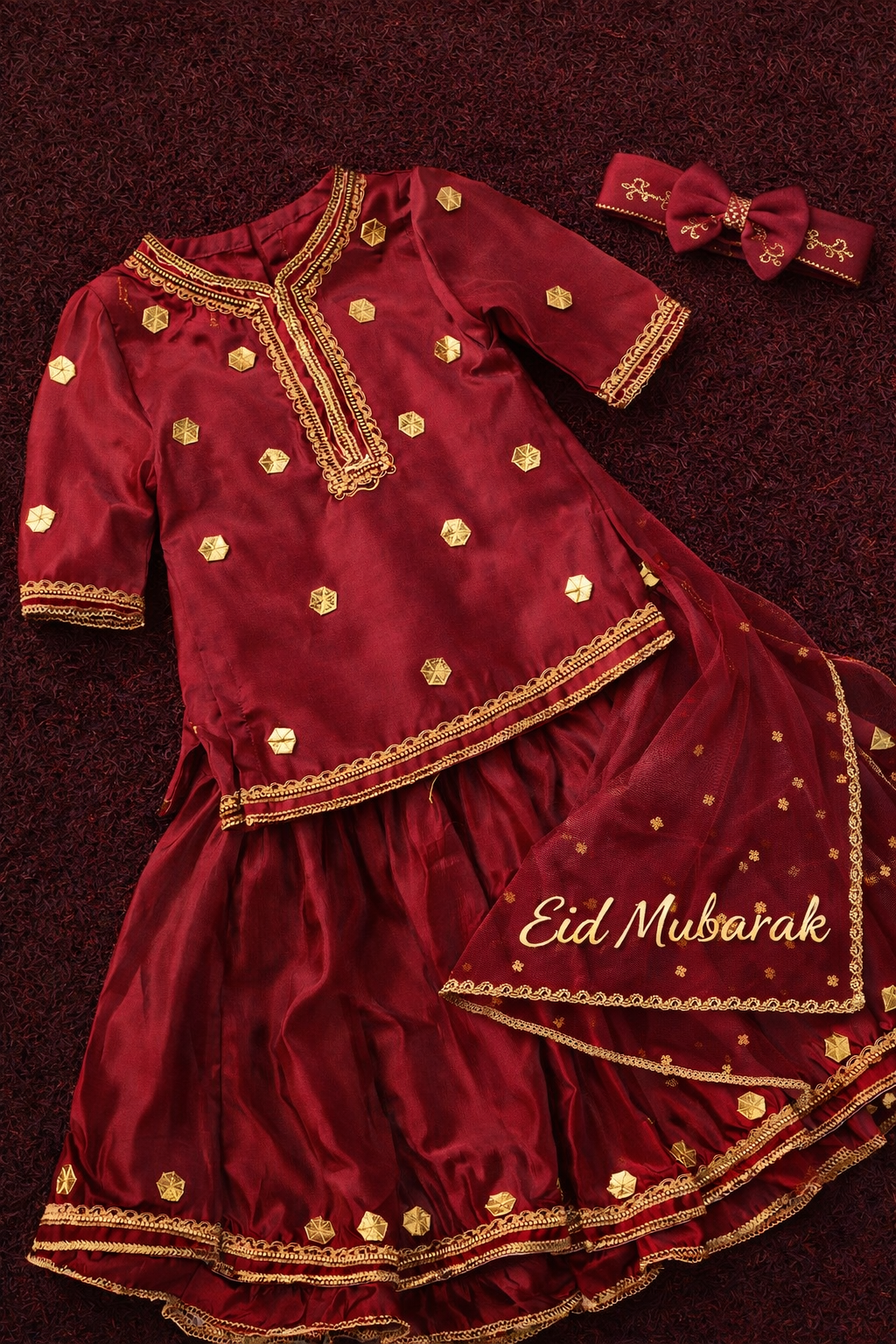 Premium Eid Kids Outfit – 4PCs Raw Silk Set with Organza Dupatta (Sky Blue, Black, Maroon)