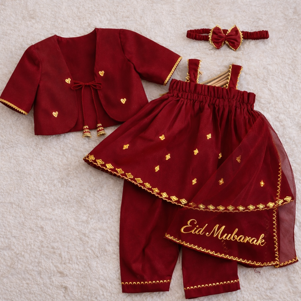 Noor Charm 4-Piece Eid Outfit for Baby Girls – Available in Maroon, Navy Blue, Baby Pink & White