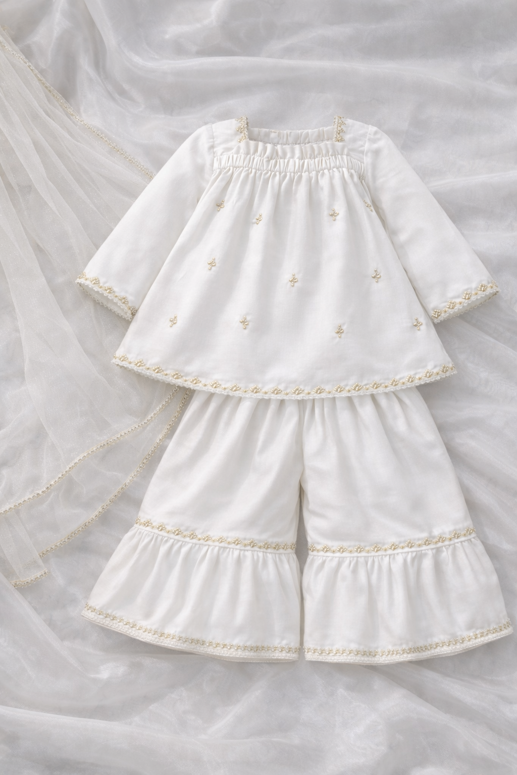 Elegant Kids Festive Outfit – 3PCs Festive Set with Organza Dupatta (Purple, Golden, White)