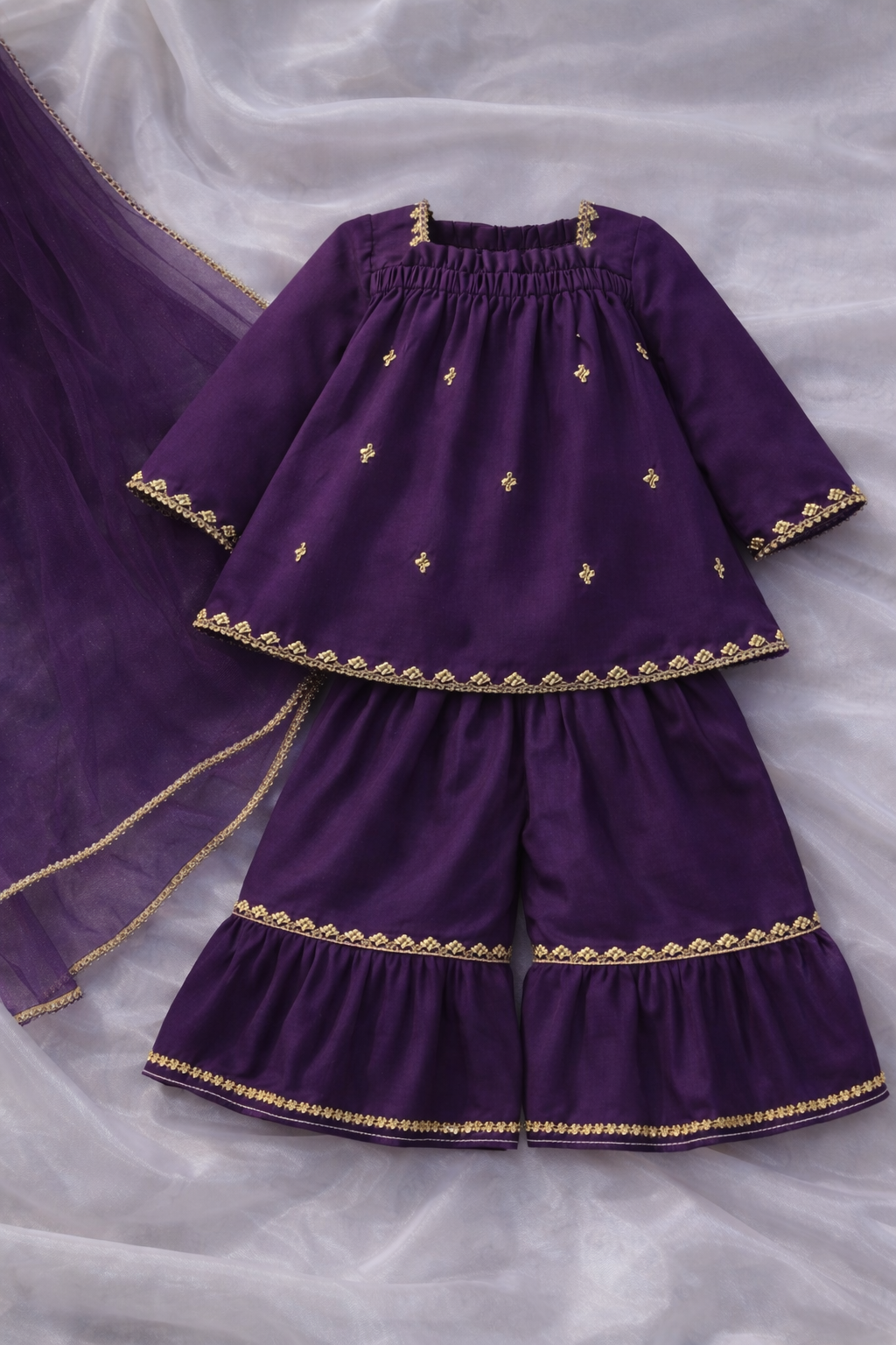 Elegant Kids Festive Outfit – 3PCs Festive Set with Organza Dupatta (Purple, Golden, White)
