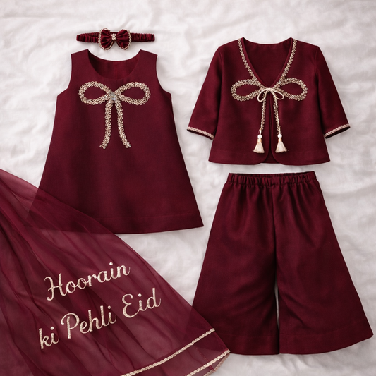 Luxury Handmade Baby Dress – Custom Name Eid Outfit (Maroon, Black & Navy Blue)