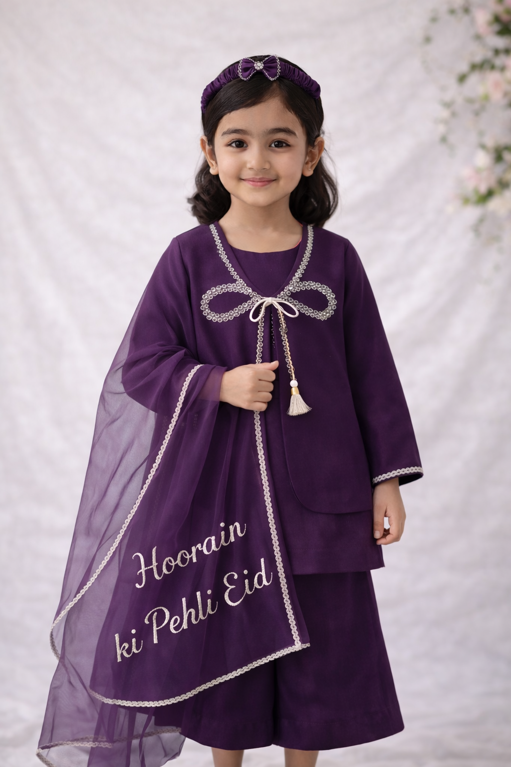 Elegant Purple Baby Girl Dress Set with Custom Name Dupatta – Eid Special