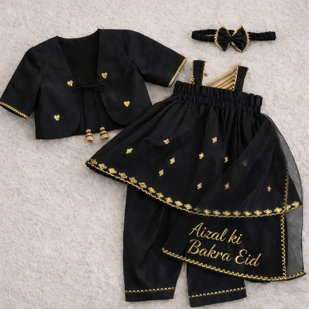Elegant Black & Gold Baby Girl Dress Set with Customised Name Dupatta – Bakra Eid Special