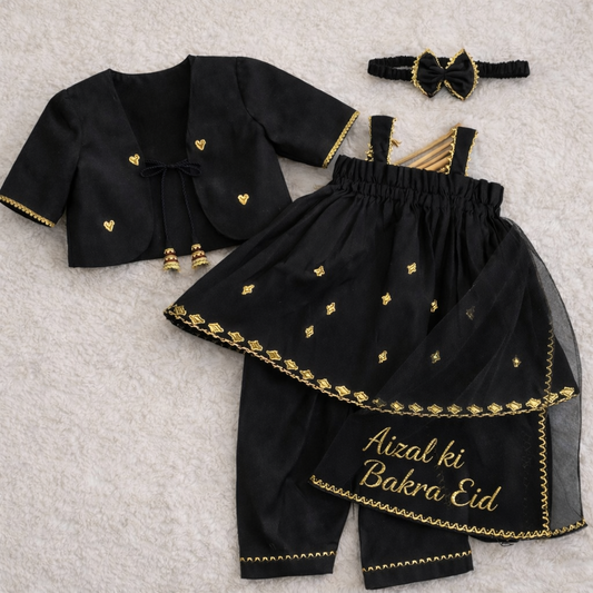 Elegant Black & Gold Baby Girl Dress Set with Customised Name Dupatta – Bakra Eid Special
