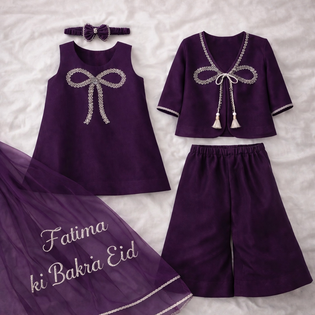 Elegant Purple Baby Girl Dress Set with Custom Name Dupatta – Eid Special