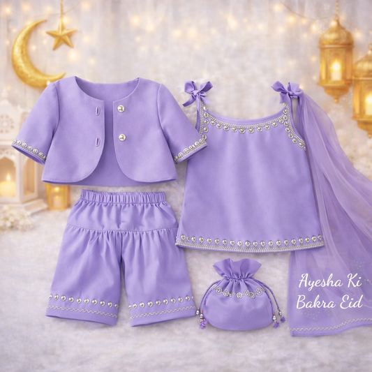 Luxury Handmade Baby Dress Set with Custom Name Dupatta – Bakra Eid Special 👶✨ (Available in Lilac, Purple & Black)
