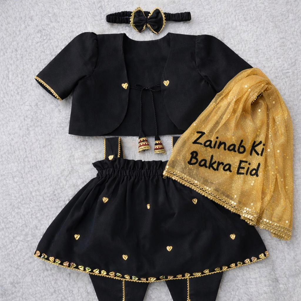 Royal Charm Handmade Baby Dress Set with Custom Name Dupatta – Bakra Eid Special 👶✨ (Purple, Black & Red Available)