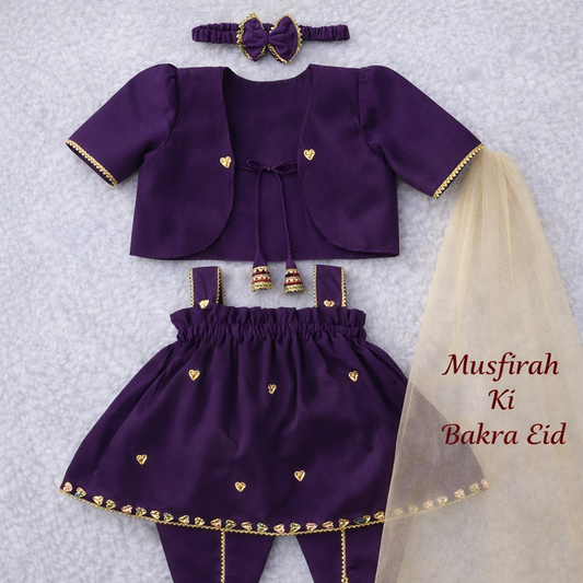 Royal Charm Handmade Baby Dress Set with Custom Name Dupatta – Bakra Eid Special 👶✨ (Purple, Black & Red Available)
