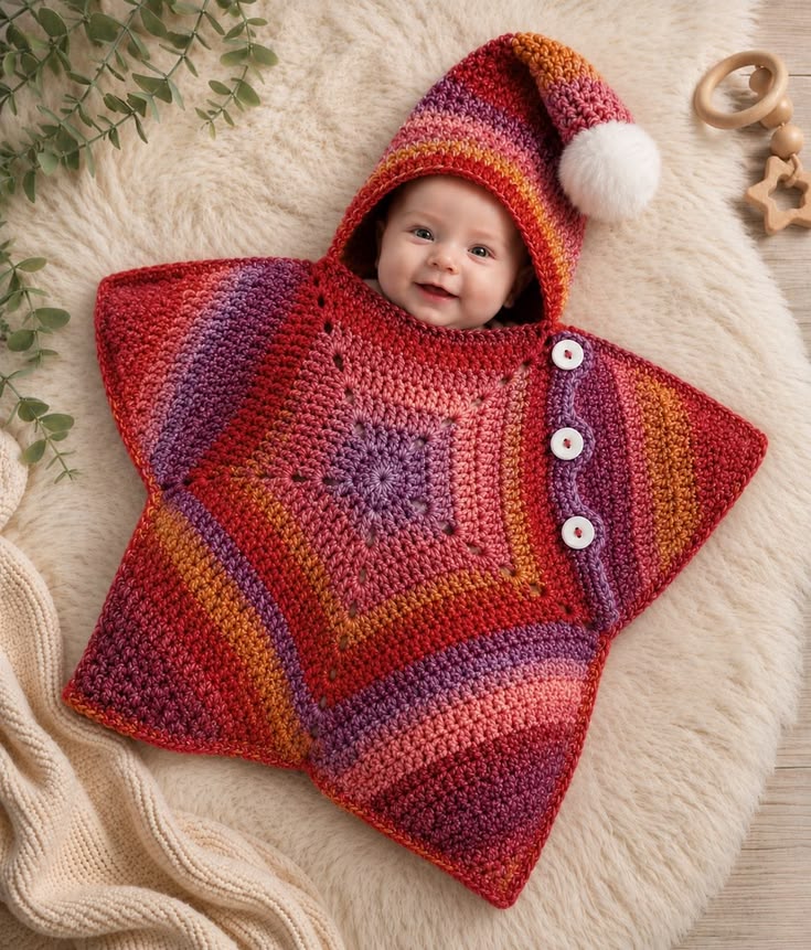 🌟 Luxury Handmade Crochet Star Baby Cocoon with Hood – Multicolor Premium Winter Collection | Available in Red Multi & Beige Multi ⭐👶🧶