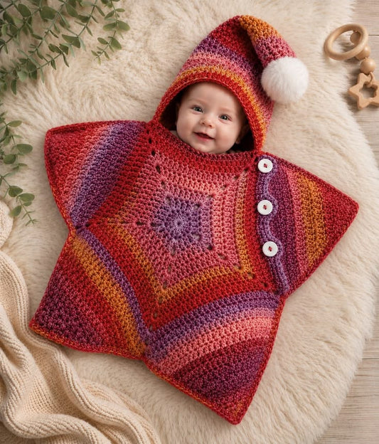 🌟 Luxury Handmade Crochet Star Baby Cocoon with Hood – Multicolor Premium Winter Collection | Available in Red Multi & Beige Multi ⭐👶🧶